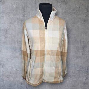 Lands End Women's Plaid Tan Beige Fleece Full Zip Jacket Size XS/P 2-4